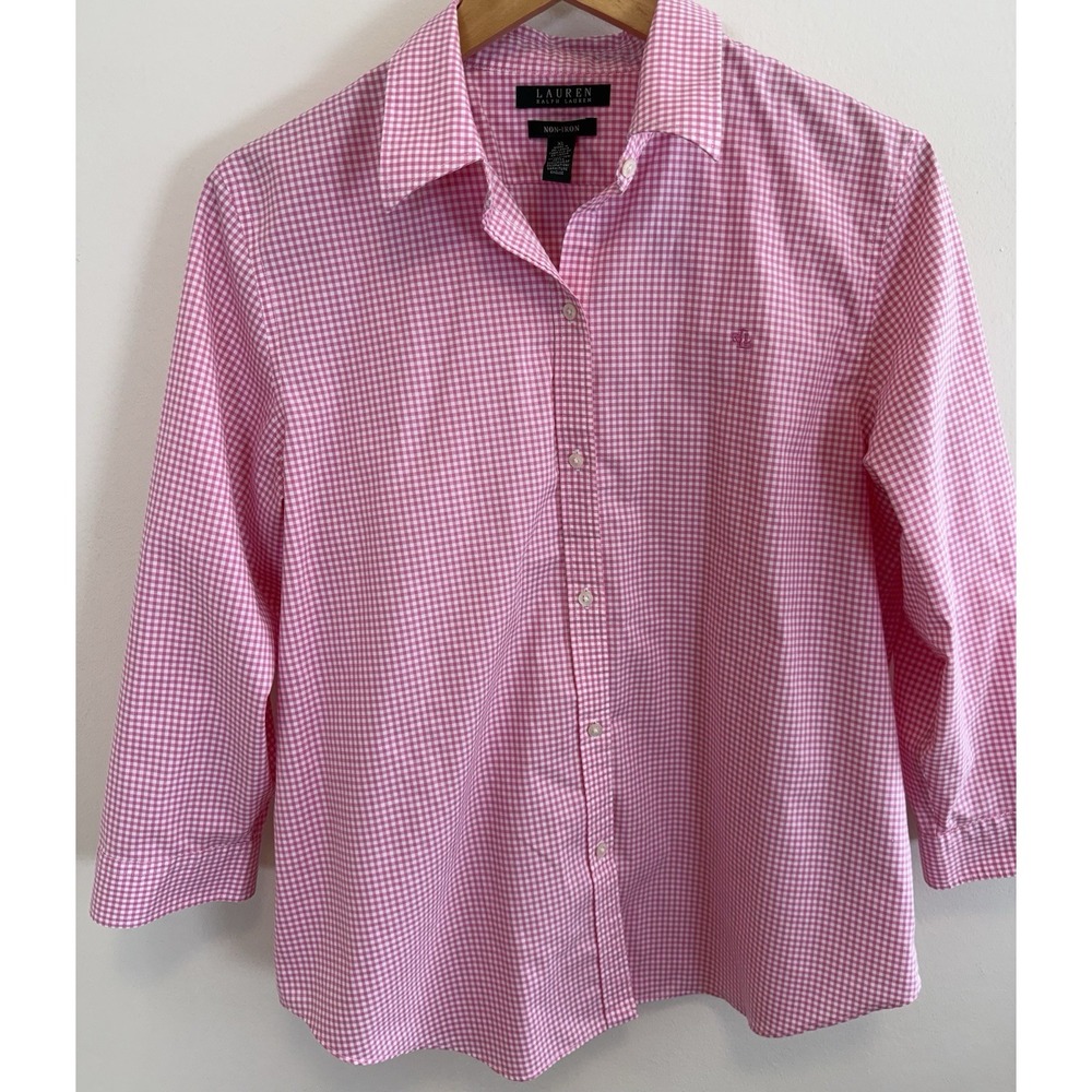 Lauren Ralph Lauren Youth Girls XL Button Down Pink & White Plaid Shirt No Iron